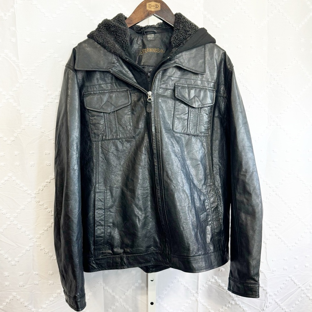 🪩 296. ST. JOHN’S BAY | Mens black leather jacket detachable hood size medium